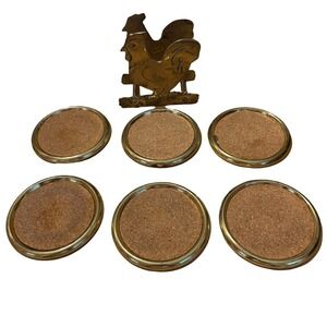 VTG 6‎ Coaster Set Brass Cork Country Chicken Farmhouse Decoration Tabletop
